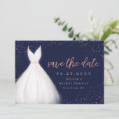 Navy Roos Gold Glitter Elegant Dress Save the Date (Staand voorkant)