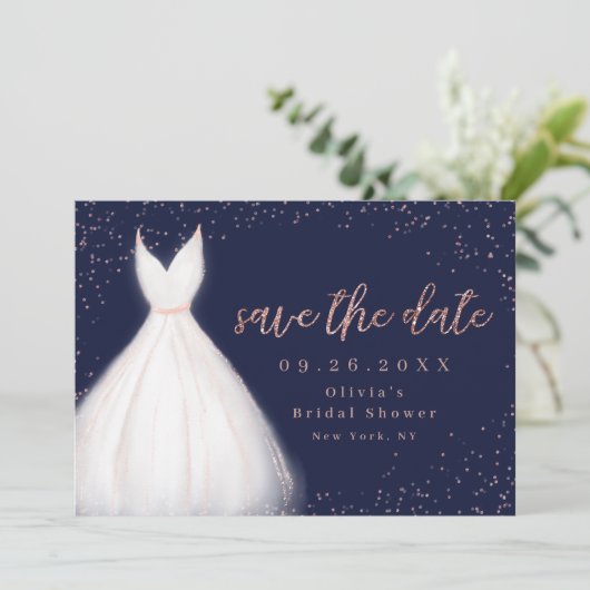 Navy Roos Gold Glitter Elegant Dress Save the Date (Staand voorkant)
