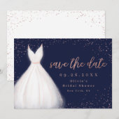 Navy Roos Gold Glitter Elegant Dress Save the Date (Voorkant / Achterkant)