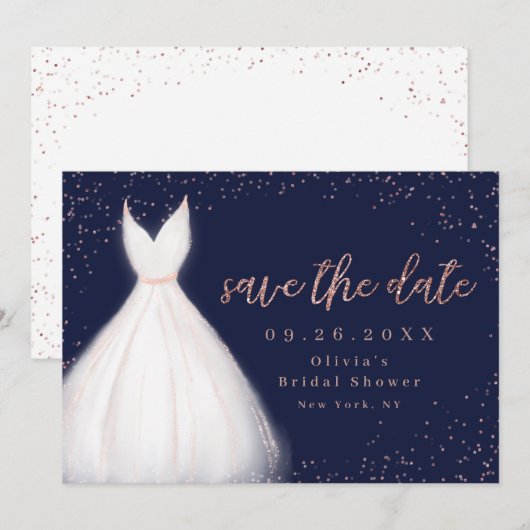 Navy Roos Gold Glitter Elegant Dress Save the Date (Voorkant / Achterkant)