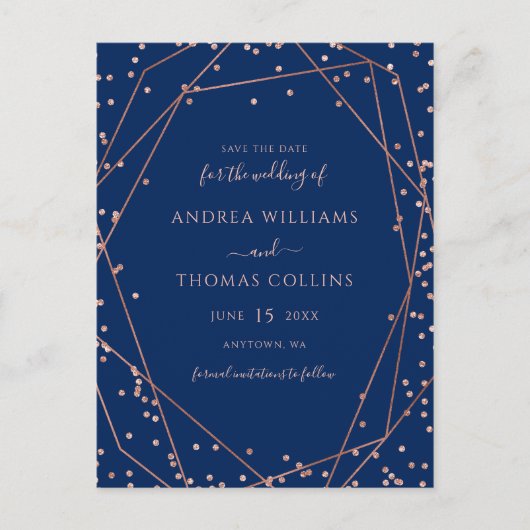 Navy Roos Gold Glitter Geometric Save the Date Aankondigingskaart (Voorkant)