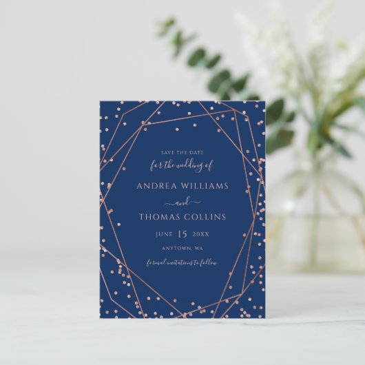 Navy Roos Gold Glitter Geometric Save the Date Aankondigingskaart (Staand voorkant)
