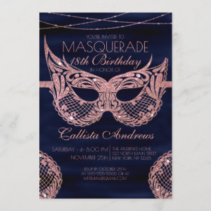 Navy Roos Gold Glitter Lace Masquerade Birthday Kaart