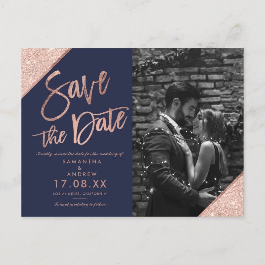 Navy Roos Gold glitter script foto behalve datum Briefkaart (Voorkant)