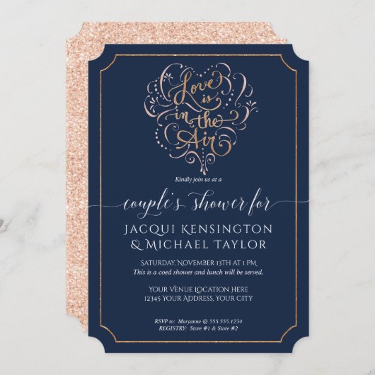 Navy Roos Gold Glitter Script Love Couple Shower Kaart (Voorkant / Achterkant)