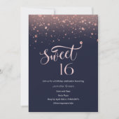 Navy & Roos Gold Glitter Sweet 16 Invitation Kaart (Voorkant)