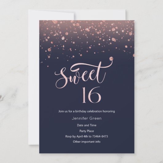Navy & Roos Gold Glitter Sweet 16 Invitation Kaart (Voorkant)