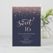Navy & Roos Gold Glitter Sweet 16 Invitation Kaart (Staand voorkant)