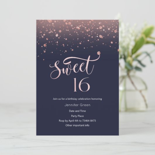 Navy & Roos Gold Glitter Sweet 16 Invitation Kaart (Staand voorkant)