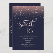 Navy & Roos Gold Glitter Sweet 16 Invitation Kaart (Voorkant / Achterkant)