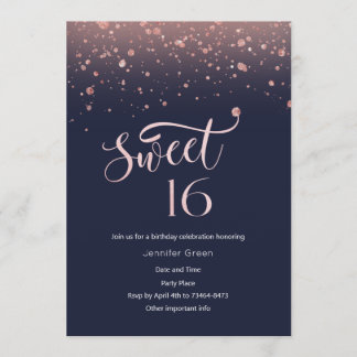 Navy & Roos Gold Glitter Sweet 16 Invitation Kaart
