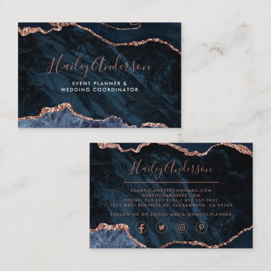 Navy & Roos Gold Glitter Waterverf Gilded Agate Visitekaartje (Voorkant / Achterkant)