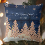 Navy Roos Gold Glitter Winter Forest Familienaam Kussen<br><div class="desc">"Navy Roos Gold Glitter Winter Forest Family Name Sierkussen." Uw familienaam in manuscriptkalligrafie met bloeit samen met het vastgestelde jaar (of u kunt in om het even welk bericht veranderen u verkiest). Rich marvy blue waterverf was wood background met blush roos gold glitter forest bomen over een sneeuwheuvel met drie...</div>