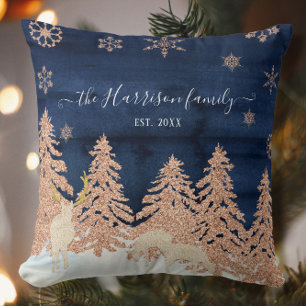Navy Roos Gold Glitter Winter Forest Familienaam Kussen