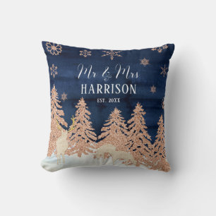Navy Roos Gold Glitter Winter Forest Mr. en Mrs. Kussen