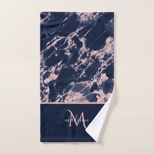 Navy & Roos Gold Marble Monogram Elegant Luxury Bad Handdoek (Handdoek)