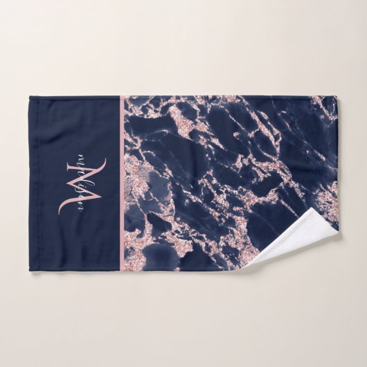 Navy & Roos Gold Marble Monogram Elegant Luxury Bad Handdoek (Handdoek)