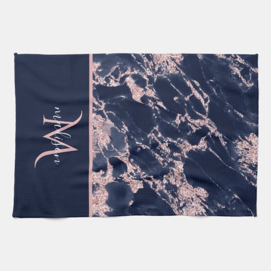 Navy & Roos Gold Marble Monogram Elegant Luxury Theedoek (Horizontaal)