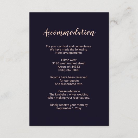 Navy Roos Gold Monogram Bruiloft accommodatie kaar Informatiekaartje (Voorkant)