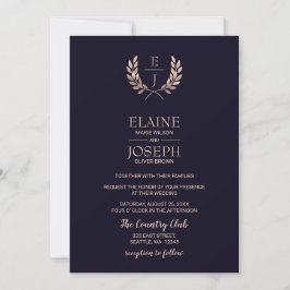 Navy Roos Gold Monogram Wedding Invitations Kaart