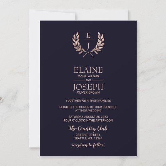 Navy Roos Gold Monogram Wedding Invitations Kaart (Voorkant)