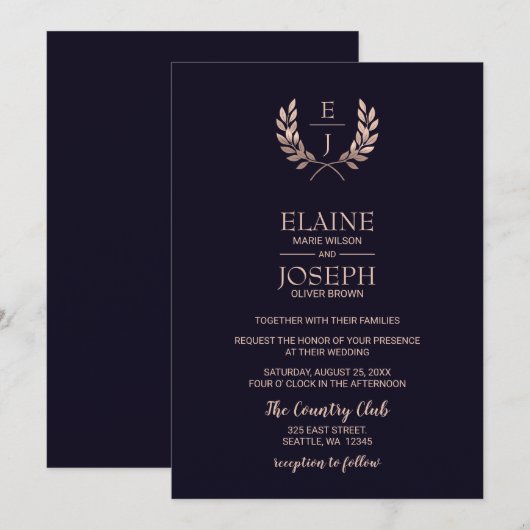 Navy Roos Gold Monogram Wedding Invitations Kaart (Voorkant / Achterkant)