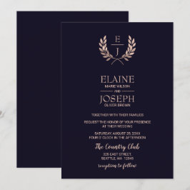 Navy Roos Gold Monogram Wedding Invitations Kaart