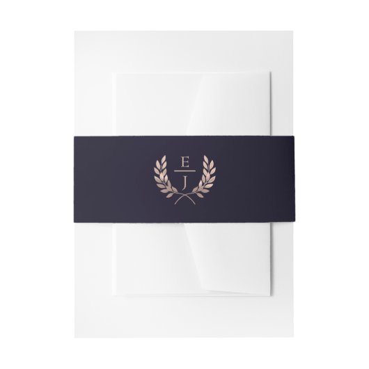 Navy Roos Gold Monogram Wedding Invitations Uitnodigingen Wikkel (Voorkant Voorbeeld)
