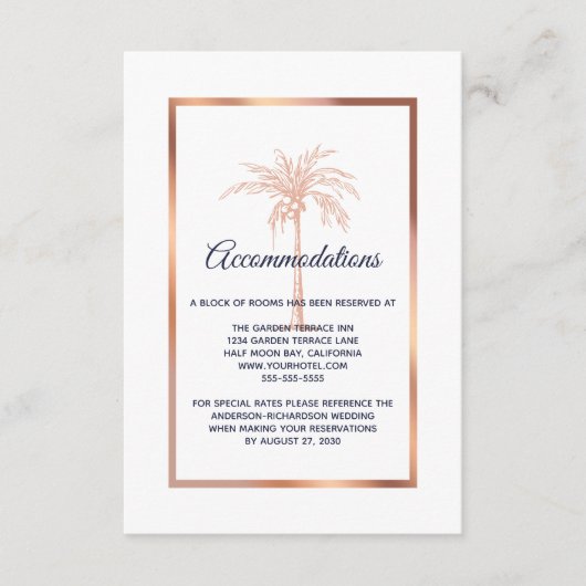 Navy Roos Gold Palm Tree Wedding Accommodatie Informatiekaartje (Voorkant)