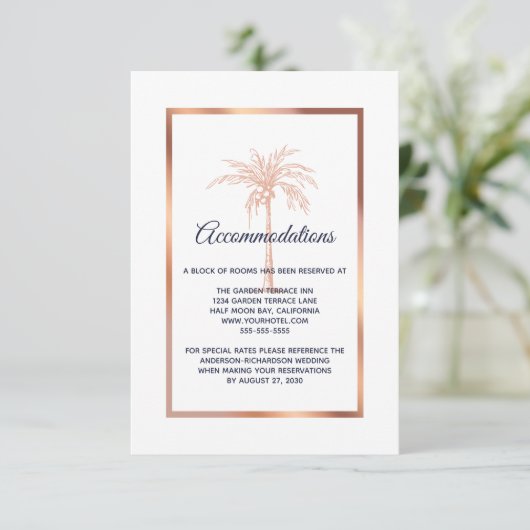 Navy Roos Gold Palm Tree Wedding Accommodatie Informatiekaartje (Staand voorkant)