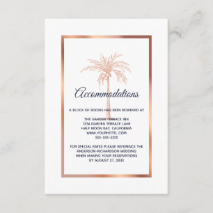 Navy Roos Gold Palm Tree Wedding Accommodatie Informatiekaartje