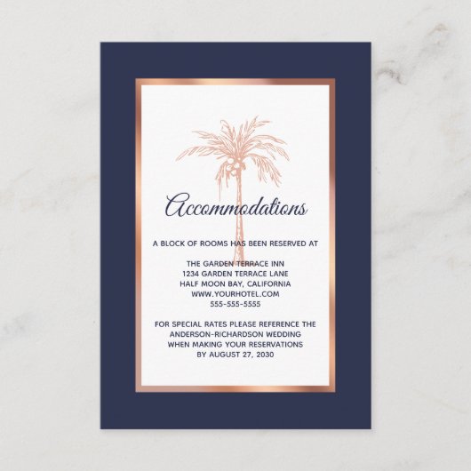 Navy Roos Gold Palm Tree Wedding Accommodations Informatiekaartje (Voorkant)