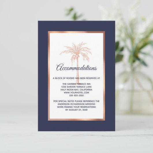 Navy Roos Gold Palm Tree Wedding Accommodations Informatiekaartje (Staand voorkant)