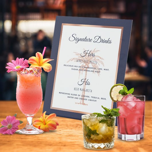 Navy Roos Gold Palm Tree Wedding Drinken Reclamebord Met Voetstuk