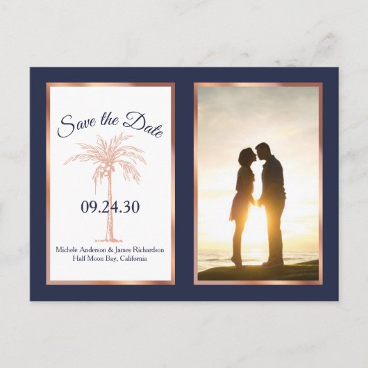 Navy Roos Gold Palm Wedding Save the Date Photo Aankondigingskaart (Voorkant)