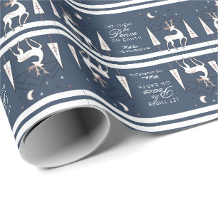 Navy Roos Gold Peace on Earth Reindeer bij nacht Cadeaupapier