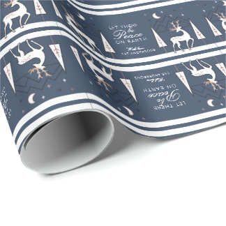 Navy Roos Gold Peace on Earth Reindeer bij nacht Cadeaupapier