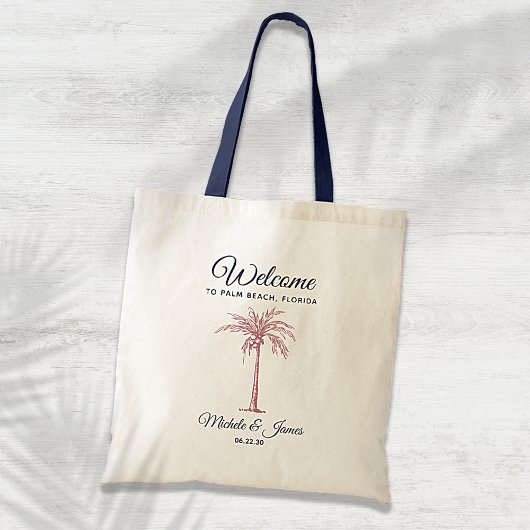 Navy Roos Gold Pink Palm Tree Weddenschap Welkom Tote Bag