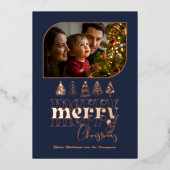 Navy & Roos Gold Retro Doodle Kerstfoto Folie Feestdagenkaart (Voorkant)