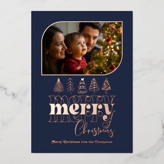 Navy & Roos Gold Retro Doodle Kerstfoto Folie Feestdagenkaart (Voorkant)