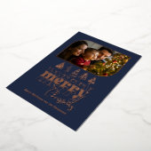 Navy & Roos Gold Retro Doodle Kerstfoto Folie Feestdagenkaart (Gedraaid)
