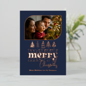 Navy & Roos Gold Retro Doodle Kerstfoto Folie Feestdagenkaart (Staand Voorkant)