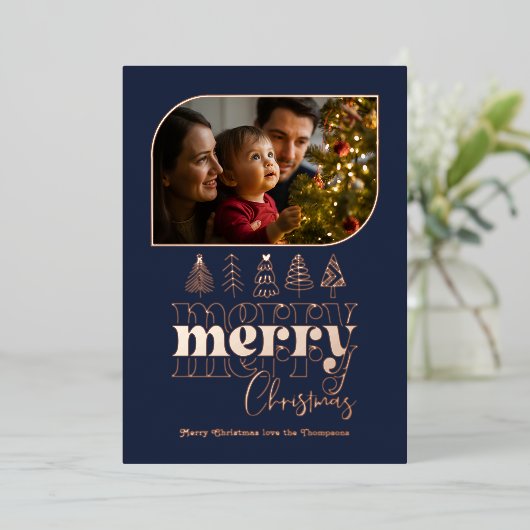 Navy & Roos Gold Retro Doodle Kerstfoto Folie Feestdagenkaart (Staand Voorkant)