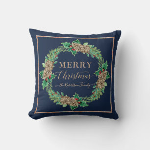 Navy Roos Gold Script Typografie Merry Christmas Kussen
