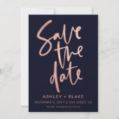 Navy Roos Gold Simple Handwrity Calligraphy Save The Date (Voorkant)