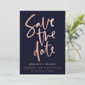 Navy Roos Gold Simple Handwrity Calligraphy Save The Date (Staand voorkant)