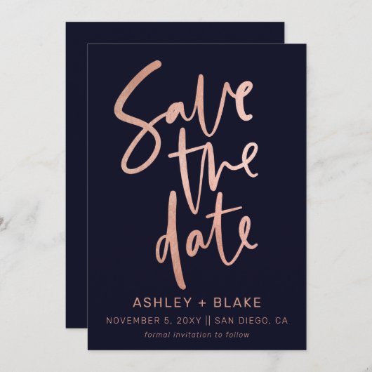 Navy Roos Gold Simple Handwrity Calligraphy Save The Date (Voorkant / Achterkant)