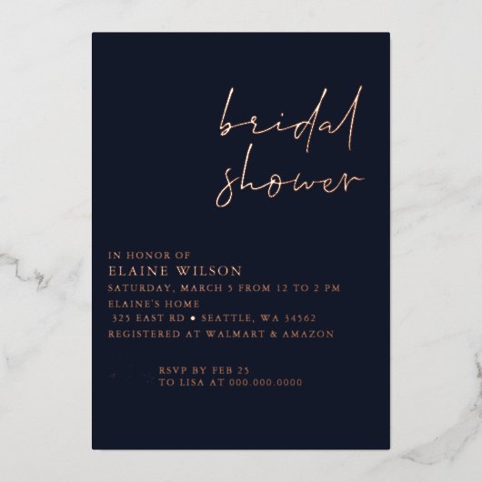 Navy Roos Gold Simple Modern Vrijgezellenfeest Folie Uitnodiging (Voorkant)