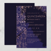 Navy Roos Gold Splatter Brushstroke Quinceañera Kaart (Voorkant / Achterkant)