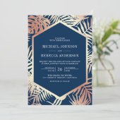 Navy Roos Gold Tropical Palm Alles in één bruiloft Kaart (Staand voorkant)